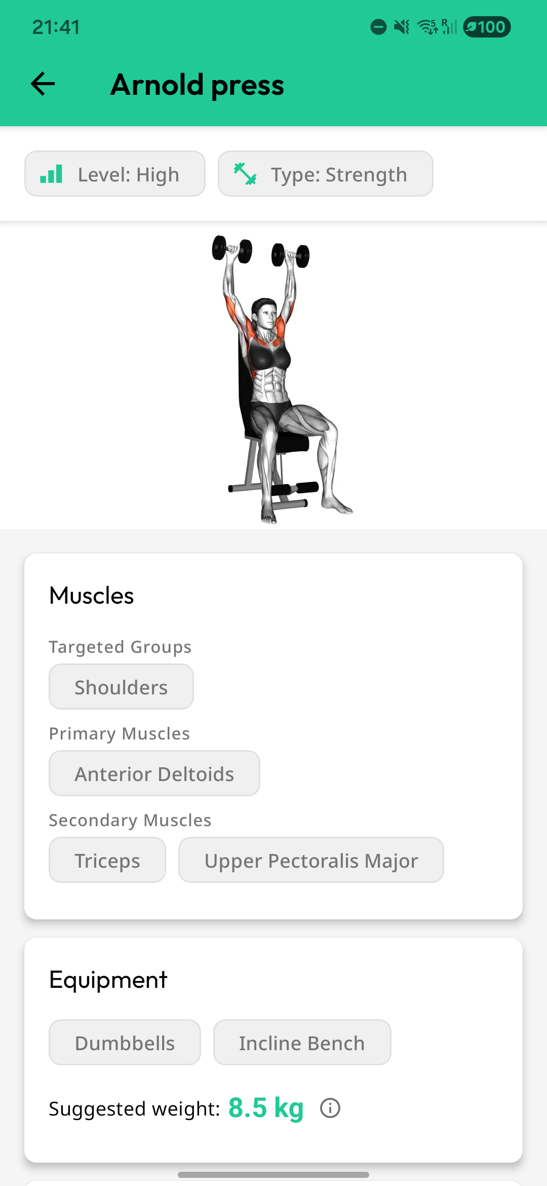 Exercise details screen with muscles and suggested weight